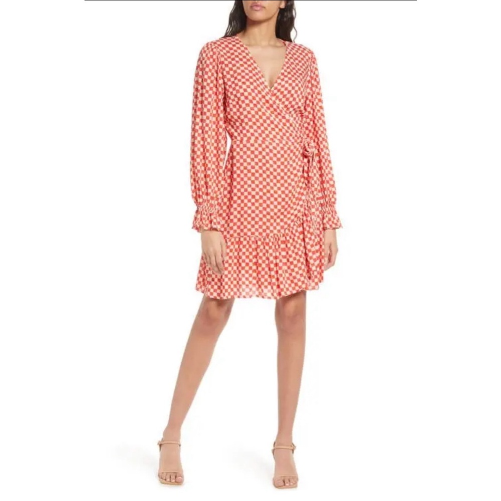 NWT FRNCH  Monique Check Ruffle Long Sleeve Wrap Dress, sz X-Small, MSRP $105